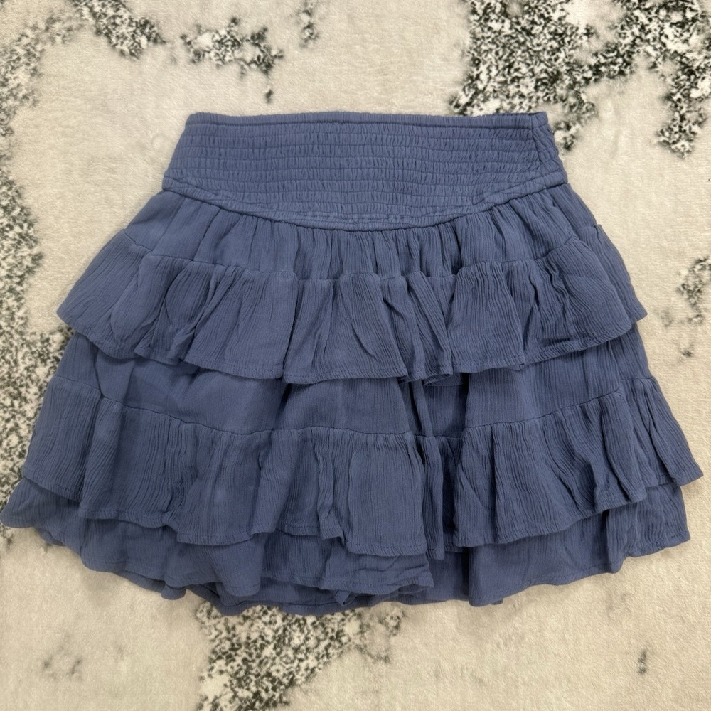 Hollister Ultra High Rise Tiered Ruffle Mini Skirt Blue Womens Size S Smocked